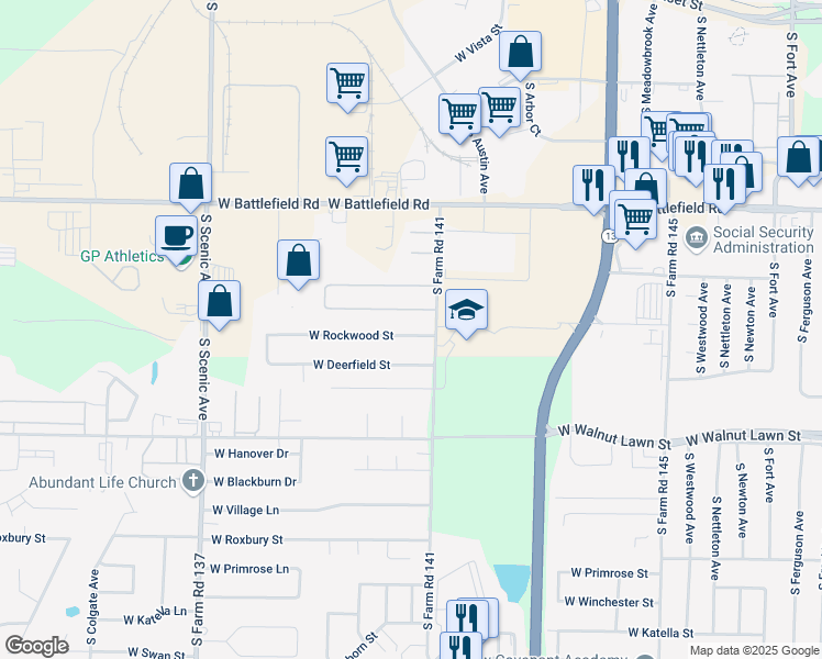 map of restaurants, bars, coffee shops, grocery stores, and more near 2235 West Rockwood Street in Springfield