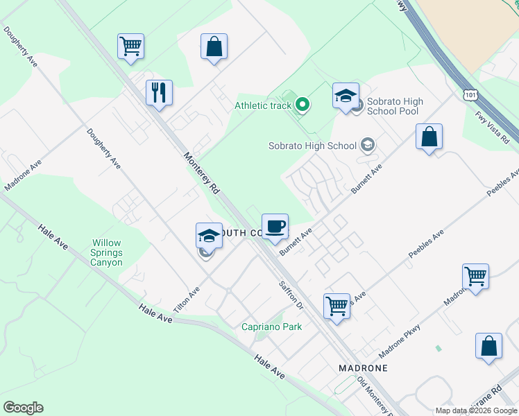 map of restaurants, bars, coffee shops, grocery stores, and more near 19629 Juniper Loop in Morgan Hill
