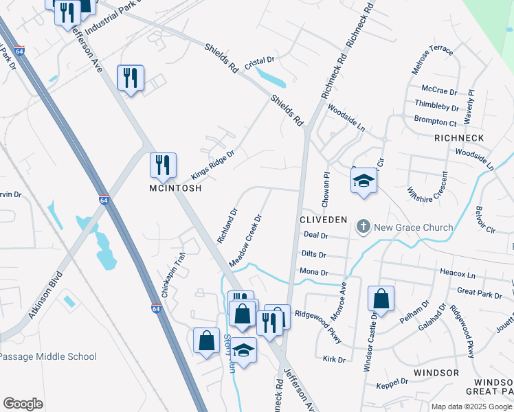map of restaurants, bars, coffee shops, grocery stores, and more near 20 Richland Drive in Newport News