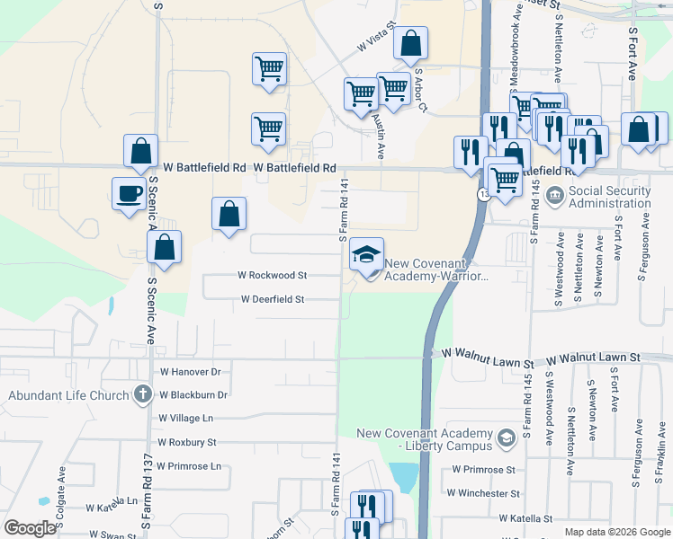 map of restaurants, bars, coffee shops, grocery stores, and more near 2235 West Rockwood Street in Springfield