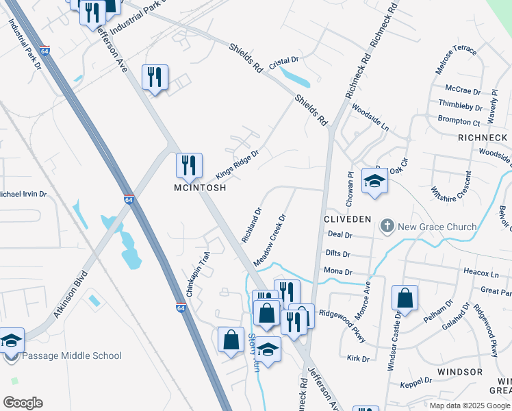 map of restaurants, bars, coffee shops, grocery stores, and more near 17 Richland Drive in Newport News