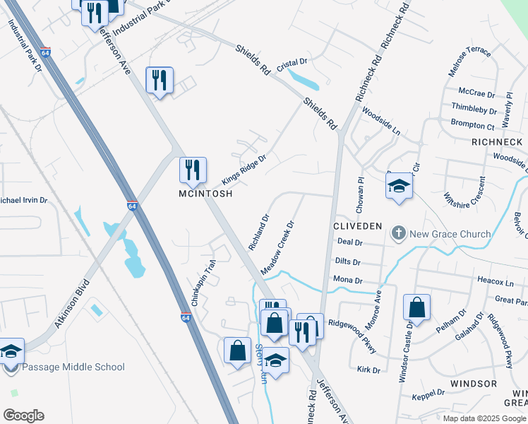 map of restaurants, bars, coffee shops, grocery stores, and more near 17 Richland Drive in Newport News