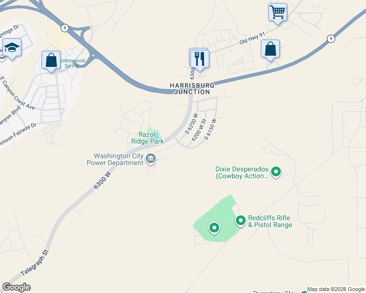 map of restaurants, bars, coffee shops, grocery stores, and more near 6224 West 385 South in Hurricane