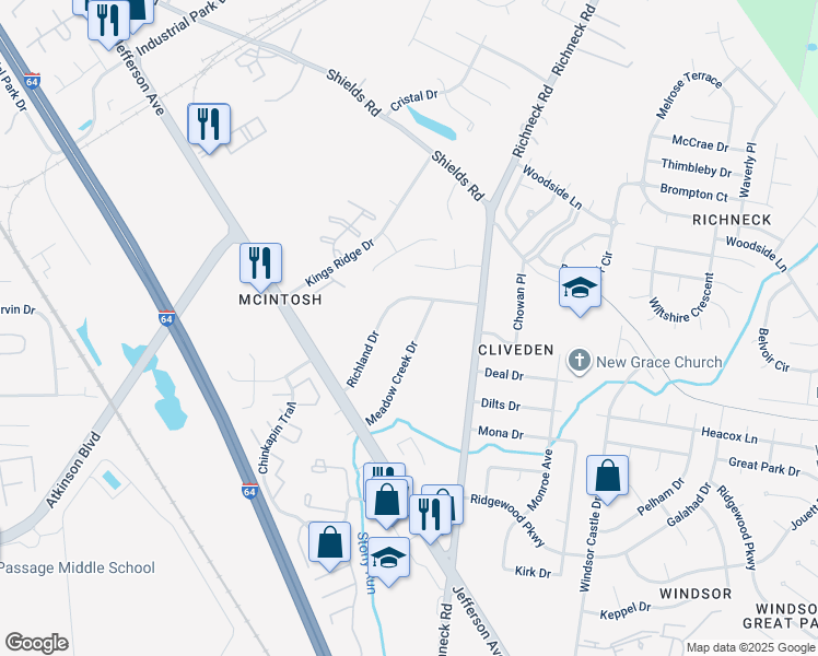 map of restaurants, bars, coffee shops, grocery stores, and more near 20 Richland Drive in Newport News