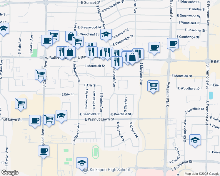 map of restaurants, bars, coffee shops, grocery stores, and more near 3158 South Benton Avenue in Springfield