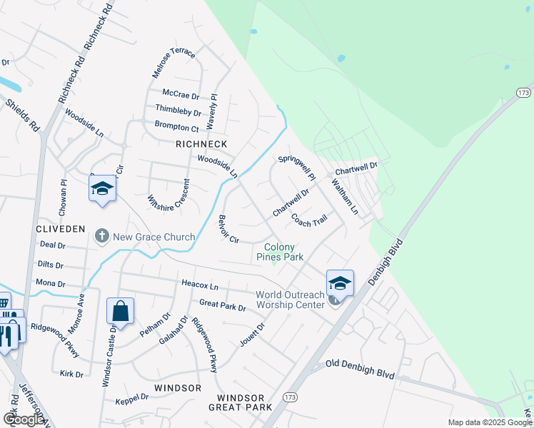 map of restaurants, bars, coffee shops, grocery stores, and more near 925 Chartwell Drive in Newport News