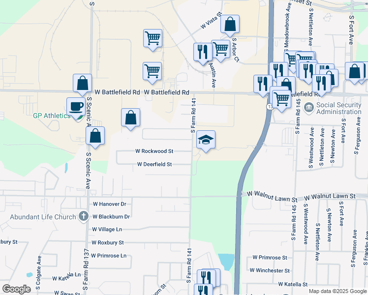 map of restaurants, bars, coffee shops, grocery stores, and more near 2235 West Rockwood Street in Springfield