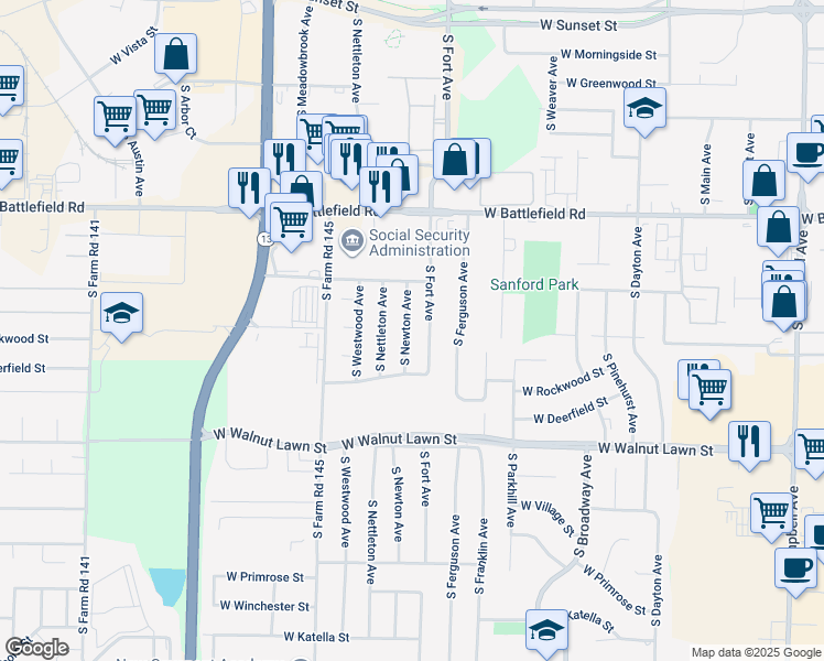 map of restaurants, bars, coffee shops, grocery stores, and more near 3204 South Newton Avenue in Springfield