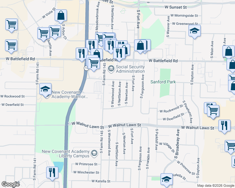 map of restaurants, bars, coffee shops, grocery stores, and more near 3203 South Nettleton Avenue in Springfield