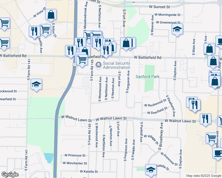 map of restaurants, bars, coffee shops, grocery stores, and more near 3204 S Newton Ave in Springfield
