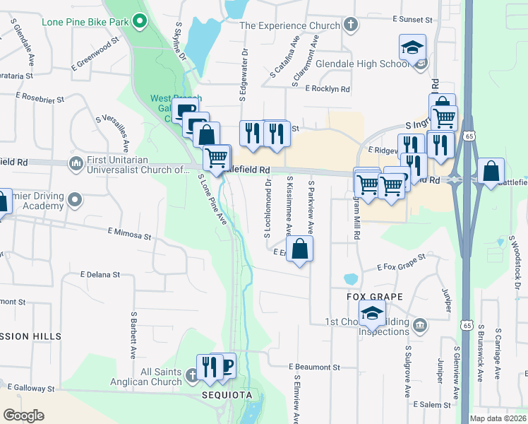 map of restaurants, bars, coffee shops, grocery stores, and more near 3063 South Lochlomond Drive in Springfield