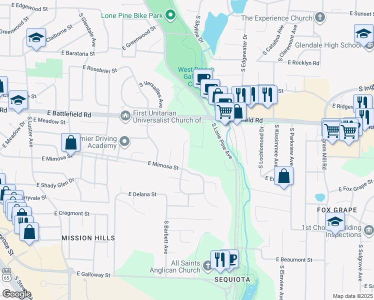 map of restaurants, bars, coffee shops, grocery stores, and more near 3116 South Arcadia Avenue in Springfield