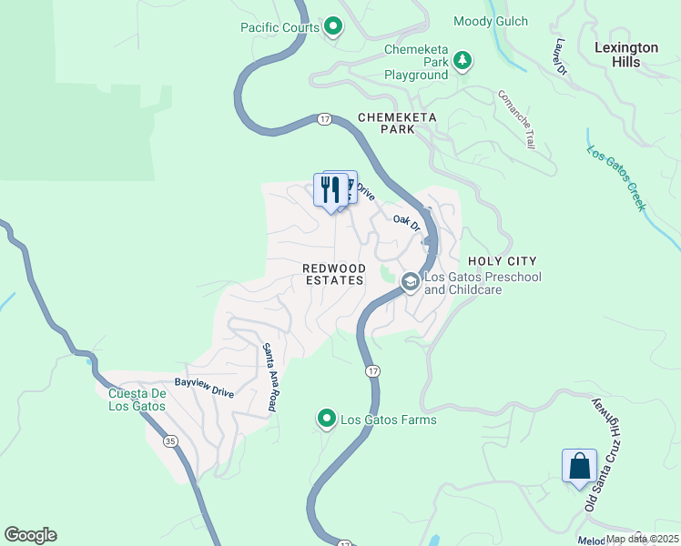 map of restaurants, bars, coffee shops, grocery stores, and more near 21488 Beatrice Circle in Los Gatos