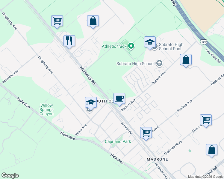 map of restaurants, bars, coffee shops, grocery stores, and more near 19637 Juniper Loop in Morgan Hill