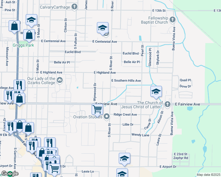 map of restaurants, bars, coffee shops, grocery stores, and more near 899 E College Ave in Carthage