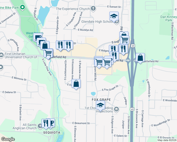 map of restaurants, bars, coffee shops, grocery stores, and more near 3102 S Oak Ave in Springfield