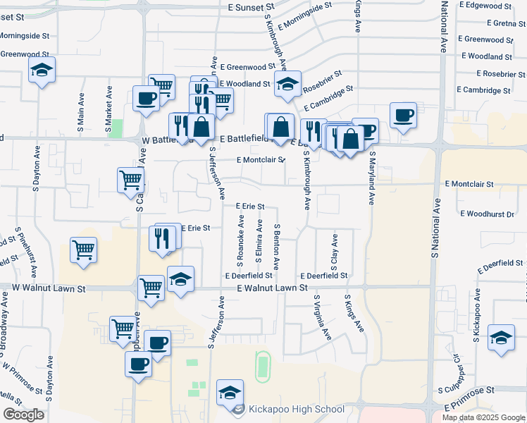map of restaurants, bars, coffee shops, grocery stores, and more near 3158 South Elmira Avenue in Springfield