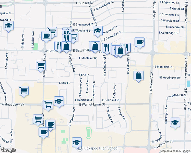 map of restaurants, bars, coffee shops, grocery stores, and more near 3158 South Benton Avenue in Springfield