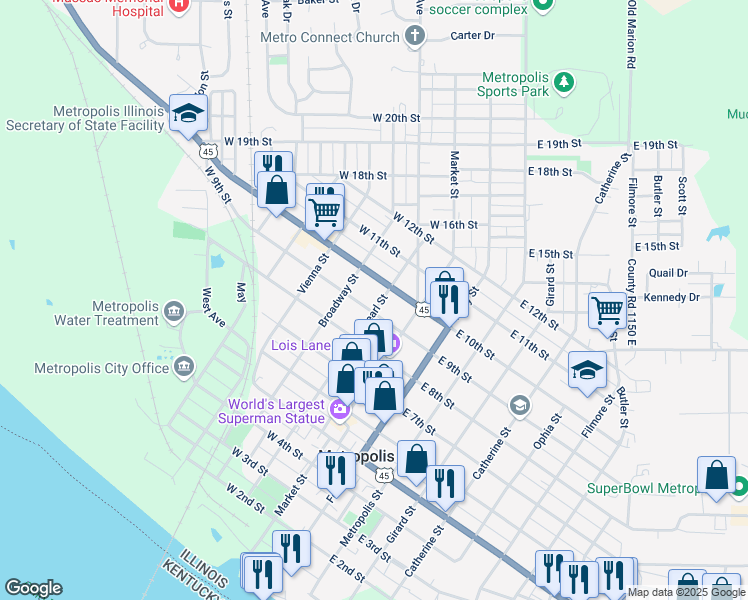 map of restaurants, bars, coffee shops, grocery stores, and more near 909 Pearl Street in Metropolis