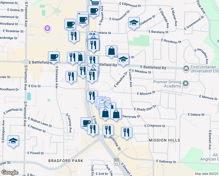 map of restaurants, bars, coffee shops, grocery stores, and more near 1927 East Meadow Drive in Springfield