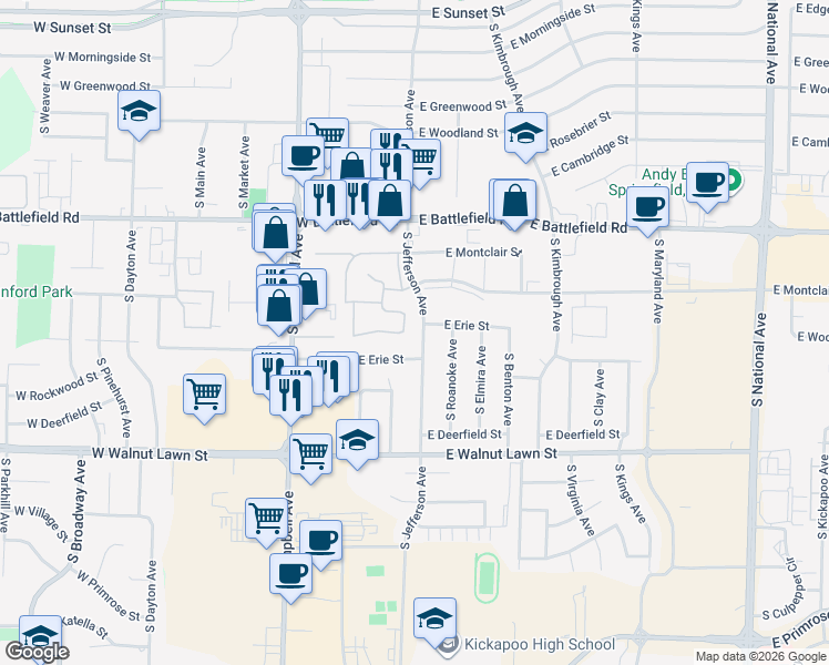 map of restaurants, bars, coffee shops, grocery stores, and more near 3161 South Jefferson Avenue in Springfield