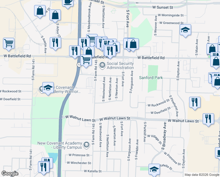 map of restaurants, bars, coffee shops, grocery stores, and more near 3203 S Nettleton Ave in Springfield