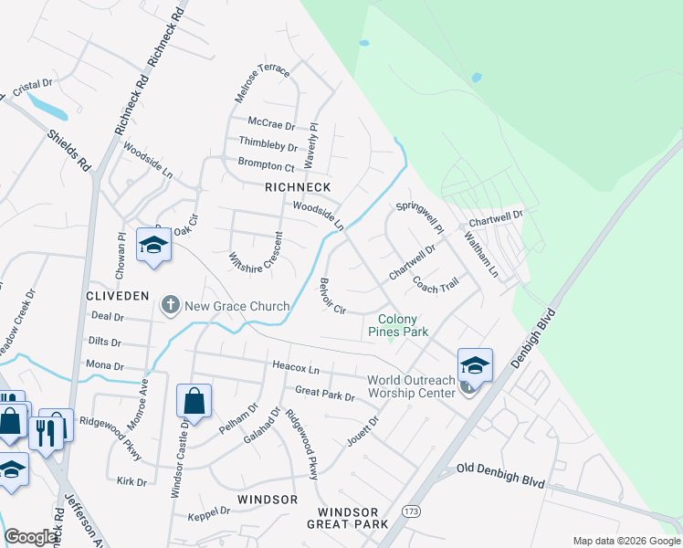 map of restaurants, bars, coffee shops, grocery stores, and more near 912 Kentwell Court in Newport News
