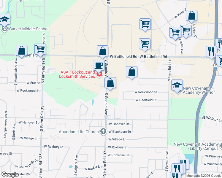 map of restaurants, bars, coffee shops, grocery stores, and more near 3216 South Scenic Avenue in Springfield