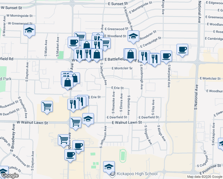 map of restaurants, bars, coffee shops, grocery stores, and more near 3159 South Roanoke Avenue in Springfield