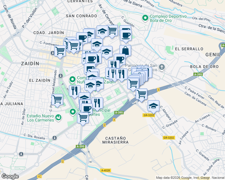 map of restaurants, bars, coffee shops, grocery stores, and more near 15 Plaza Gertrudis Gómez de Avellaneda in Granada
