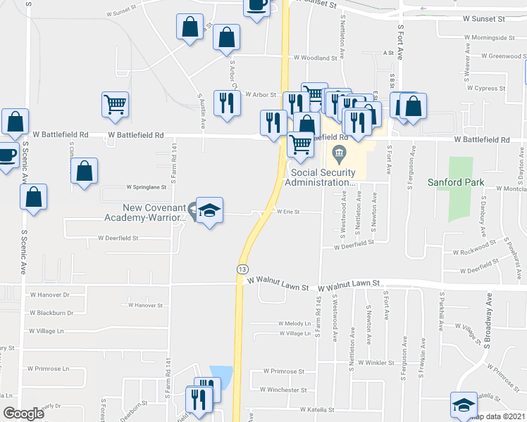 map of restaurants, bars, coffee shops, grocery stores, and more near West Erie in Springfield