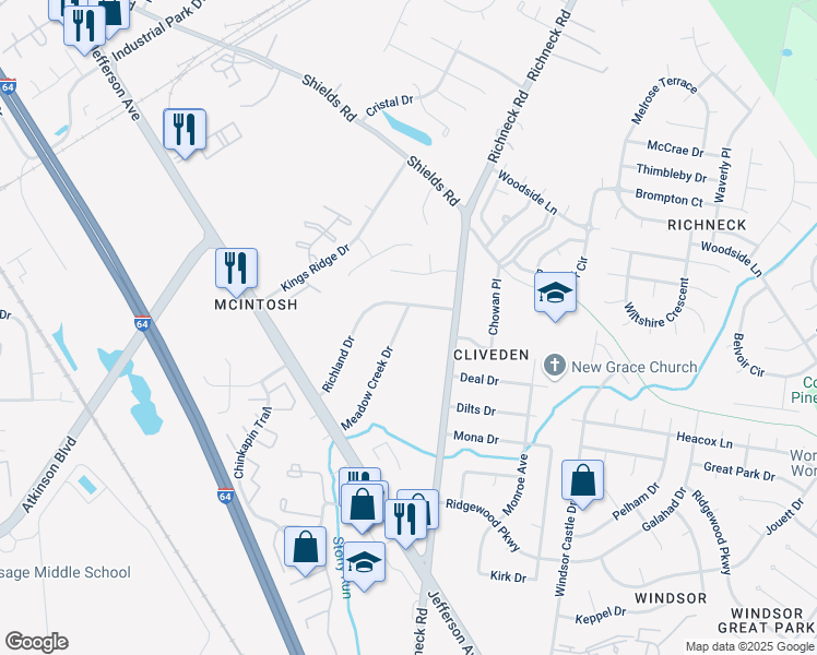 map of restaurants, bars, coffee shops, grocery stores, and more near 32 Meadow Creek Drive in Newport News