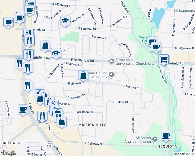 map of restaurants, bars, coffee shops, grocery stores, and more near 3135 South Marlan Avenue in Springfield