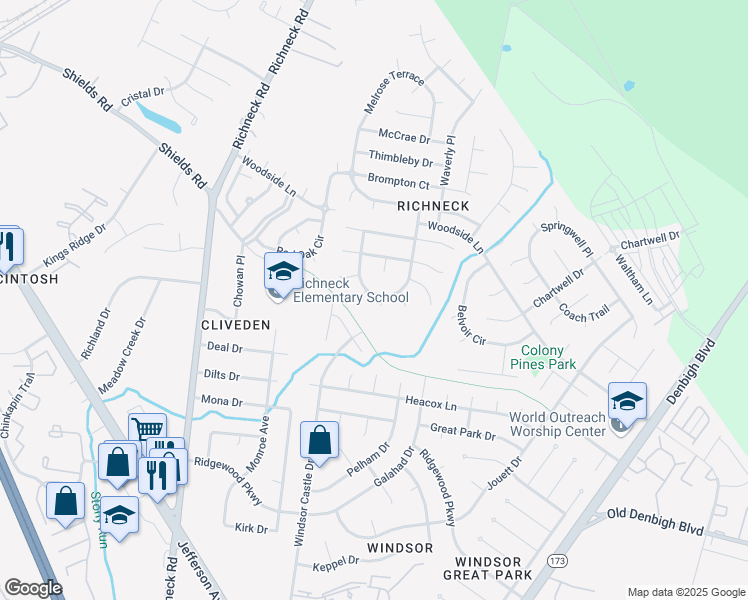 map of restaurants, bars, coffee shops, grocery stores, and more near 415 Hatfield Pl in Newport News
