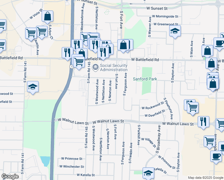 map of restaurants, bars, coffee shops, grocery stores, and more near 3204 S Newton Ave in Springfield