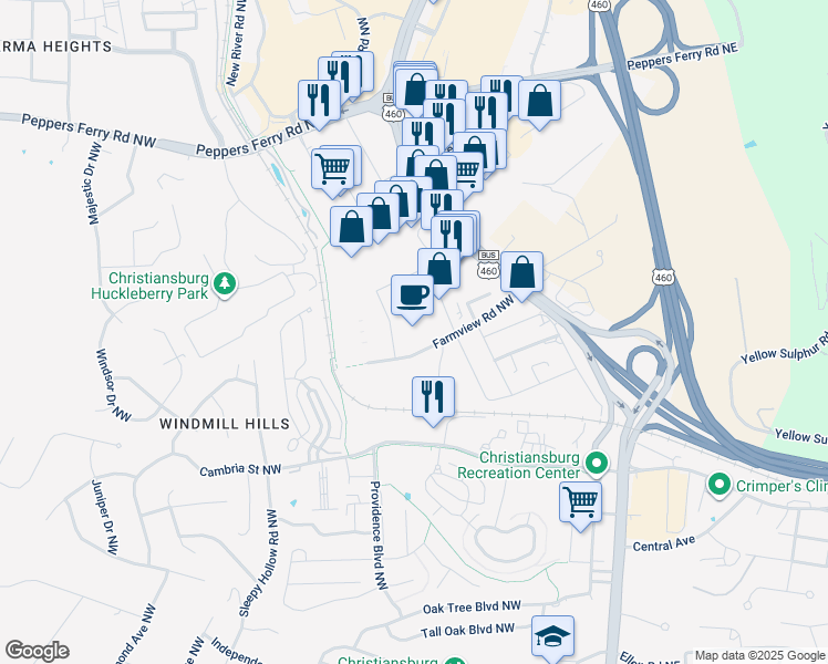 map of restaurants, bars, coffee shops, grocery stores, and more near 195 Conston Avenue in Christiansburg