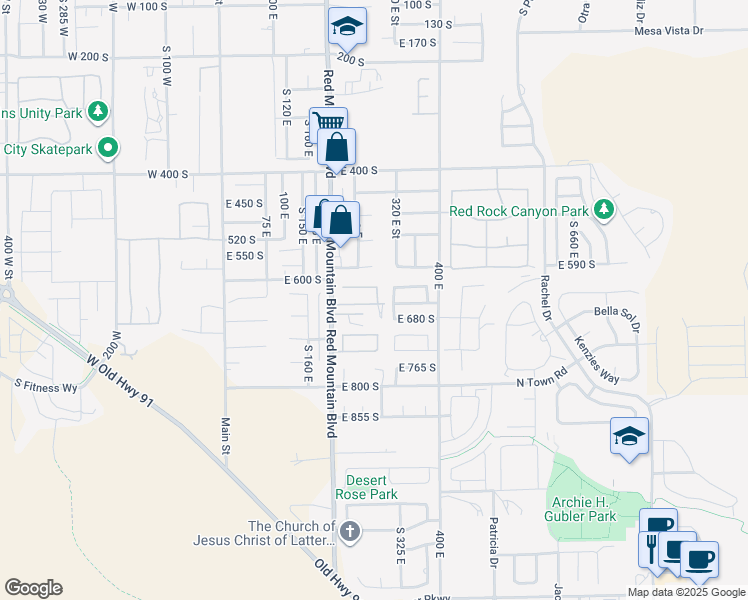 map of restaurants, bars, coffee shops, grocery stores, and more near 640 South 285 East in Ivins