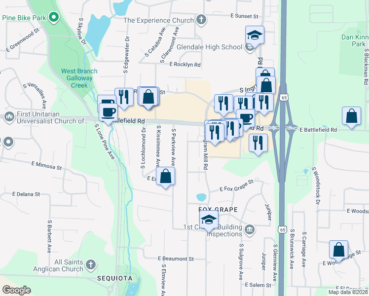 map of restaurants, bars, coffee shops, grocery stores, and more near 3102 South Oak Avenue in Springfield