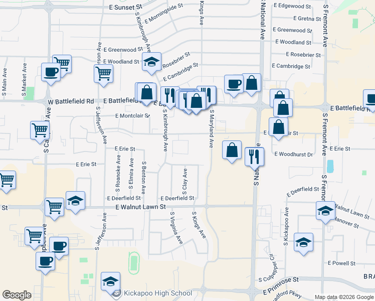 map of restaurants, bars, coffee shops, grocery stores, and more near 820 East Montclair Street in Springfield