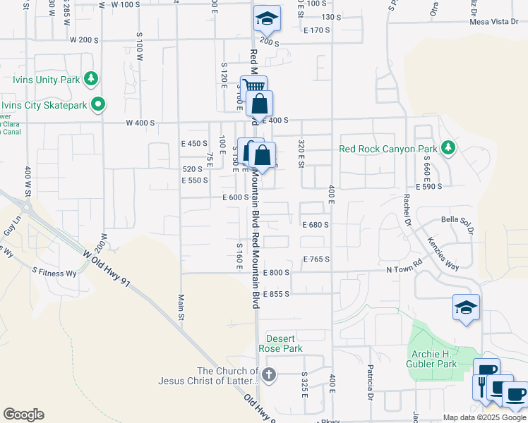 map of restaurants, bars, coffee shops, grocery stores, and more near 221 East 650 South in Ivins