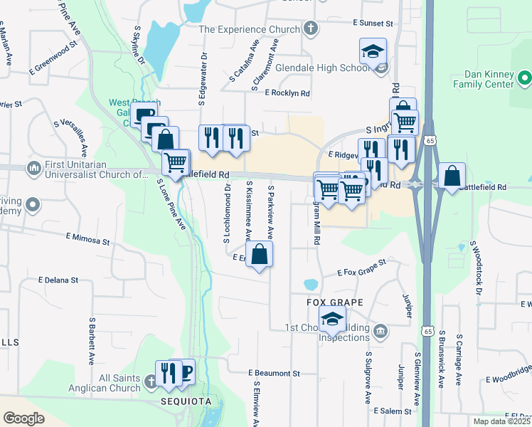 map of restaurants, bars, coffee shops, grocery stores, and more near 3057 South Parkview Avenue in Springfield