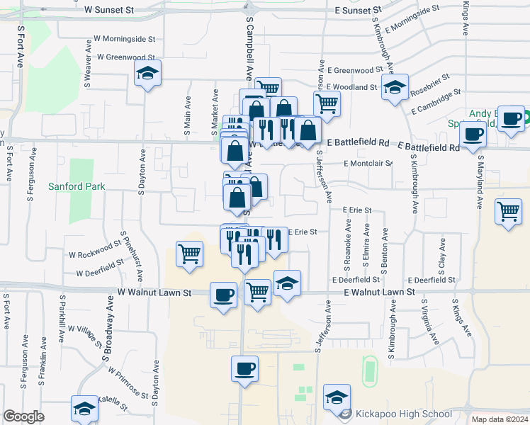 map of restaurants, bars, coffee shops, grocery stores, and more near 3194 South Campbell Avenue in Springfield