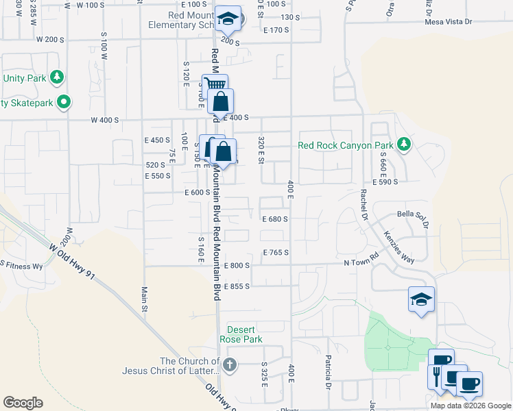 map of restaurants, bars, coffee shops, grocery stores, and more near 305 East 650 South in Ivins