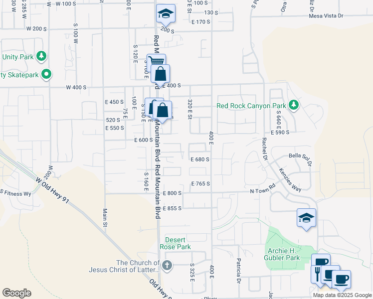 map of restaurants, bars, coffee shops, grocery stores, and more near 305 East 650 South in Ivins