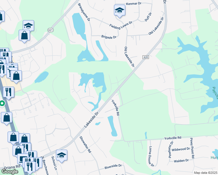 map of restaurants, bars, coffee shops, grocery stores, and more near 107 Wind Forest Lane in Yorktown