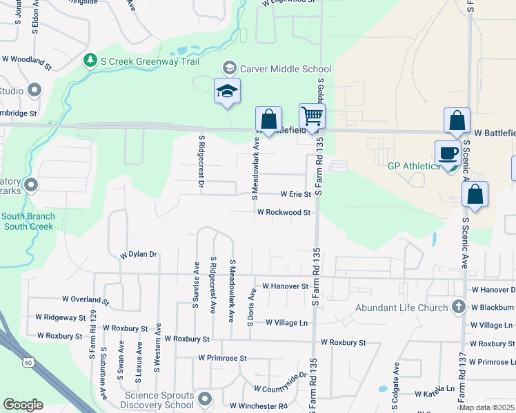 map of restaurants, bars, coffee shops, grocery stores, and more near 3261 W Rockwood St in Springfield