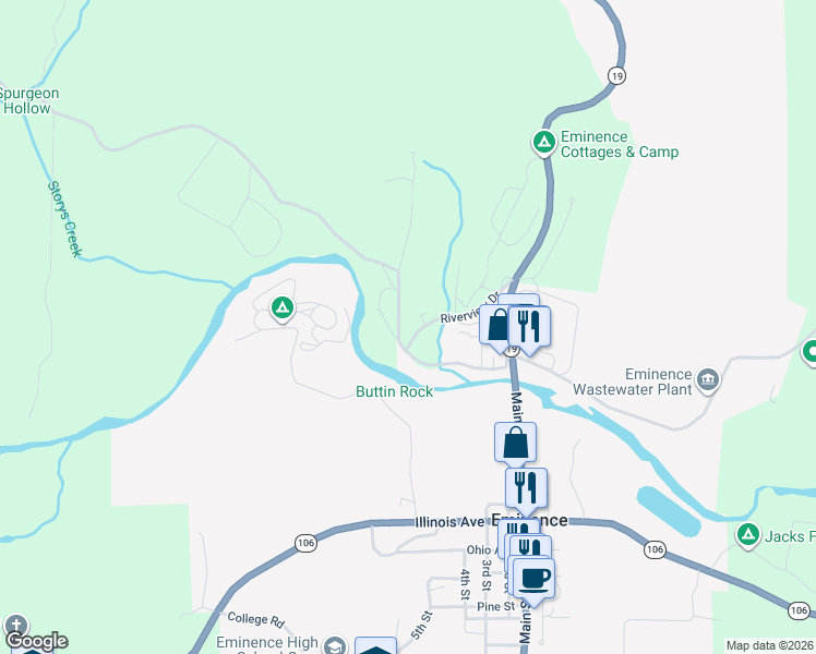 map of restaurants, bars, coffee shops, grocery stores, and more near 16061 Riverview Drive in Eminence