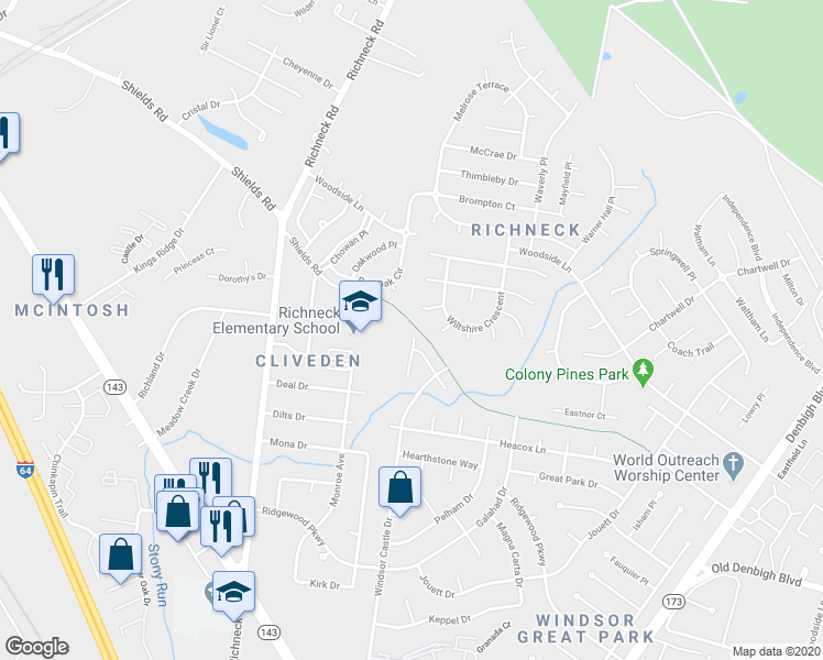 map of restaurants, bars, coffee shops, grocery stores, and more near 271 Castle Keep Court in Newport News
