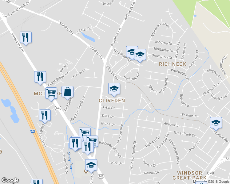map of restaurants, bars, coffee shops, grocery stores, and more near 8 Chowan Place in Newport News