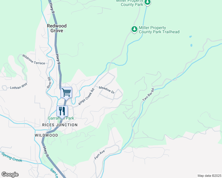 map of restaurants, bars, coffee shops, grocery stores, and more near 225 Meadow Drive in Boulder Creek
